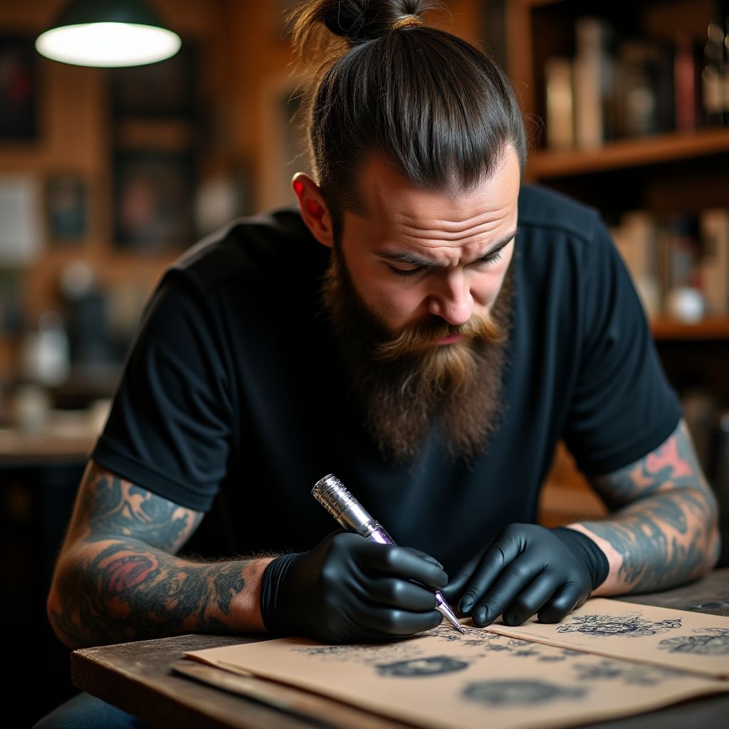 Artista de tatuajes trabajando en un diseño