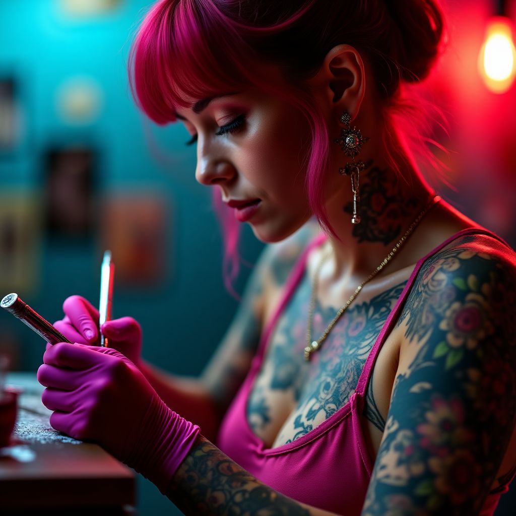 Artista de tatuajes realizando un diseño detallado