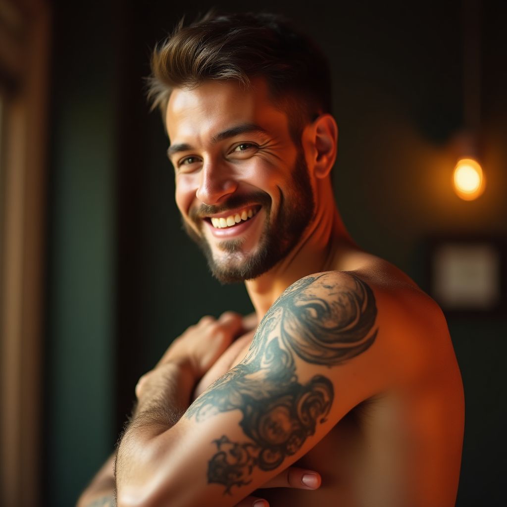 Cliente mostrando su tatuaje terminado