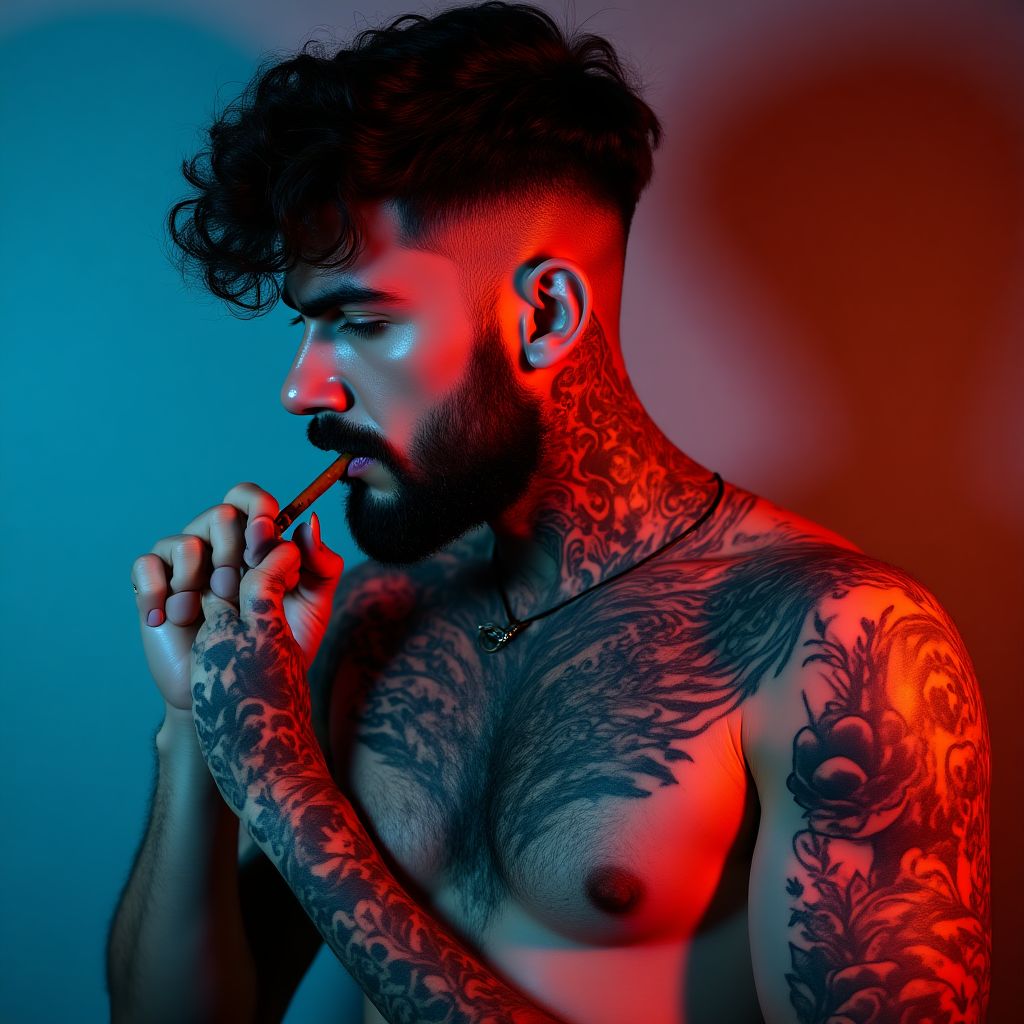 Cliente mostrando tatuaje colorido de manga completa
